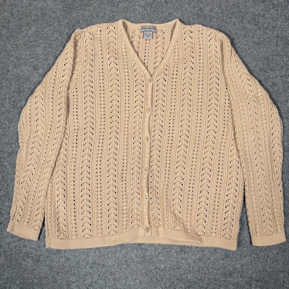 Eddie Bauer Womens XL Tan Beige Cotton Pointelle Open Knit Button Front Cardigan